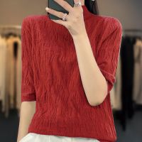 【jw】❍  New Product Woolen Sweater Half Collar Sleeve Knit Womens Round Neck Short T-shirt