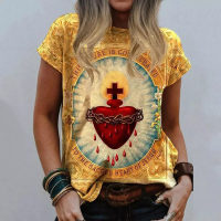 2023 NEWVirgin Mary O คอสุภาพสตรีฤดูร้อนสบายๆ Harajuku ขนาดใหญ่ T เสื้อ Crew Streetwear พระเยซูศาสนา3D พิมพ์ Tops Tees