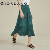 GIORDANO Women Skirts Pleated Ruffled Trim Fashion Long Skirts Elastic Waist Solid Color Comfort Casual Long Skirts 18463204