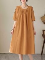 NYFS 2023 Summer New Simple Woman Dress Vestidos Robe Ete Femme Elbise Loose O-Neck Cotton Linen Short Sleeve Long Dresses