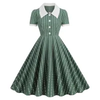 SISHION 2023 Navy Blue Green Striped 50S Vintage Dress SR672แขนสั้น Turn Down Collar Swing Party ผู้หญิงฤดูร้อน Dresses