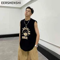 EERSHENSHI เสื้อกล้ามผู้ชายผ้าฝ้ายเสื้อนอกเสื้อยืดแขนกุดรอบคอหลวมหล่อระบายลมได้