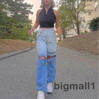 COD DSGERTRYTYIIO BIGMALL-Women’s Fashion Wide Leg Jeans Personality Gradient Color Chain High-waist Ripped Denim Pants