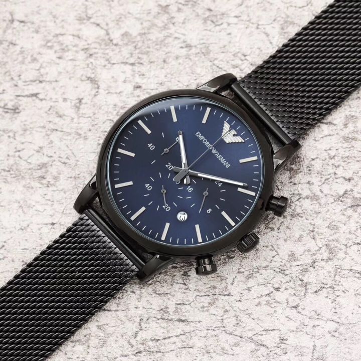 armani-นาฬิกาข้อมือสำหรับผู้ชาย-นาฬิกาควอตซ์แฟชั่นแบบลำลองสายสีดำของแท้