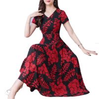 【YF】 Casual Lady Dresse Fashion Floral Print Tight Waist Large Swing V-Neck Short Sleeve Maxi Dress Summer elegant xxxl vestidos