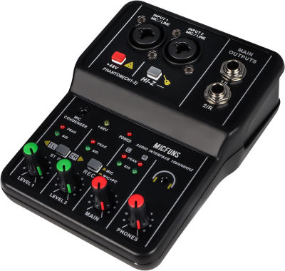 micfuns Mini 2 channel audio DJ mixer console interface with 48V phantom power Combo Jack Microphone/Guitar XLR+6.35mm, 3.5mm Stereo in, Headphone Jack for studio live show,party recording