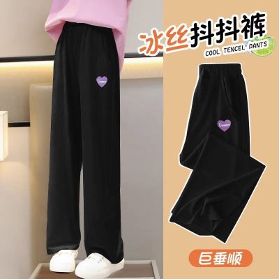 Single/two girls wide-legged pants loose ice silk pants cuhk childrens summer leisure girl summer embroidery pants