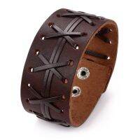 2021 Fashion Jewelry Vintage Handmade Weave X Letter Genuine Leather Bracelet Men Charm Cuff Wristband Wide Leather Bracelet