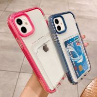 เคสที่มีช่องเสียบการ์ดโทรศัพท์กันกระแทกแบบสีลูกอมที่จับสำหรับ IPhone 14 13 12 11 Pro Max XS X XR 8 7 Plus + SE 2020เคสซิลิโคนใสเคสโทรศัพท์ป้องกันการตกขายดี