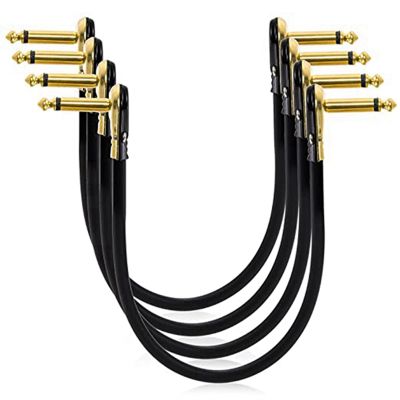 4 Pack 12 Inch Guitar Patch Cables Black Guitar Patch Cables Right Angle Golden Pancake Connector for Effects Pedal Board