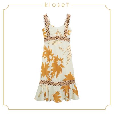 Kloset Printed Dress With Embroidered Tape Detail (SS19-D004) เดรสผู้หญิง เสื้อผ้าผู้หญิง เสื้อผ้าแฟชั่น เดรสสั้น เดรสผ้าพิมพ์ เดรสสายเดี่ยว