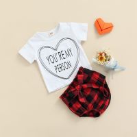 Baby Girls Clothes Sets Fashion Letter Short Sleeve T Shirt and Plaid Short Pants Baby Love Letter Red Plaid Printed Sets  by Hs2023