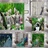 3D Digital Printing Resistant Waterproof Bathroom Shower Curtain Chinese Bird Peacocks Shower Curtain Green Plants Flowers Feather Trees Stone River Landscape Home Decor Cloth Bathroom Curtains