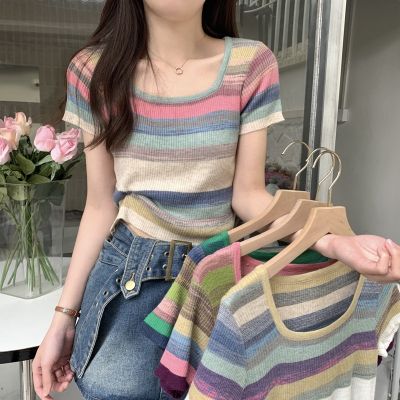 ✲ Summer Korean Style Slim-Fit Contrast Color Striped Short-Sleeved Round Neck Womens Knitwear