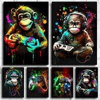 สีสัน Funny Monkey Player Gamepad ผ้าใบพิมพ์โปสเตอร์สำหรับ Gaming Room Decor