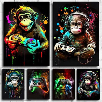 สีสัน Funny Monkey Player Gamepad ผ้าใบพิมพ์โปสเตอร์สำหรับ Gaming Room Decor