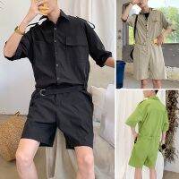 MR Mens 3 Colors Summer Short Sleeve Buttons Up With Belt Loose Shorts Jumpsuits