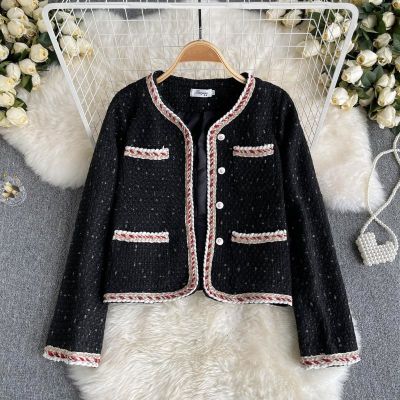 Small Fragrance Tweed Jacket Coat Women 2021 Fall Winter New French Vintage Woolen Short Coat Korean Fashion Outerwear Crop Top