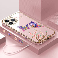 สำหรับ Apple iPhone 14 Pro ฟรีสายคล้อง + คนรักหัวใจลายขอบสี่เหลี่ยมชุบเคสโทรศัพท์เคสโทรศัพท์นิ่มชุบหรูหรา