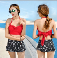 ชุดว่ายน้ำ bikini สีแดง กระโปรงดำลายจุด Polka Dot น่ารักปนเซ็กซี่