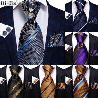 ✉▨ Hi-Tie Navy Blue Striped Silk Wedding Tie For Men Fashion Design Gift Men Necktie Hanky Cufflink Set Business Party Dropshiping