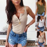 【Ready】Sexy Women Vest Sleeveless Deep V Neck Buttons Solid Color Slim Blouse T-Shirt For Work