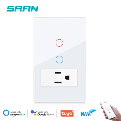 SRAN Smart switch 1/2gang and US Socket  118*72mm Tempered Glass Panel  Wifi Touch Switches Work with Google Home/ alexa