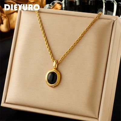 DIEYURO 316L Stainless Steel Oval Black White Stone Pendant Necklace For Women Girl New Trend Clavicle Chain Jewelry Gift Party Headbands
