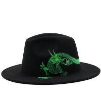 QBHAT Hand-painted Green Dragon Woolen Top Hat Uni Flat Wide Brim Felt Warm Jazz Fedora Hats Vintage Party Trilby Cap Chapeau