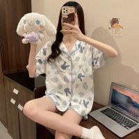 Women Pyjamas Sets Summer Love Rabbit Print Pyjamas Cute Clothing Lapel Pajamas Cotton Material Short Sleeve Pijamas Sleepwear