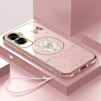 Volans เคสสำหรับ Honor 90 5G 90 Lite 5G ฟรีสายคล้องการ์ตูนหมีส่องแสงลวดลายขอบสี่เหลี่ยมเคสโทรศัพท์ชุบหรูหราเคสโทรศัพท์นิ่ม