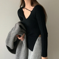 Y2k Irregular Sweater Womens Fallwinter Retro V-neck Black Temperament Tight-fitting Short Inner Base Sweater Top