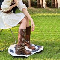 【Top Grade】Spring/Summer Show Style Belt Buckle Thick Heel Martin Boots Womens Genuine Leather Retro Over Knee Length Boots Western Boots