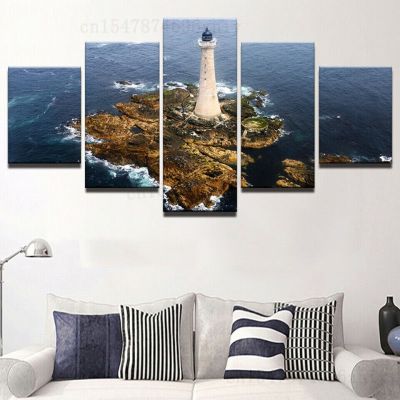 Sunset Island Sea Lighthouse Seascape Canvas Prints - Wall Art Decor Picture Poster For Home - 5 Pieces - No Frame