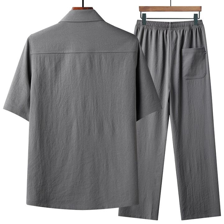 กางเกง-เสื้อ2023ฤดูร้อนแฟชั่นผู้ชายเสื้อผู้ชายผ้าฝ้ายและเสื้อลินินผู้ชายแขนสั้นเสื้อลำลองผู้ชาย-m-5xl-ขนาด