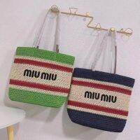 2023 NEW for●✤ 2022 Summer New Style miu Straw Woven Bag Stitching Shoulder Muzzle Large Capacity Female Tote Beach