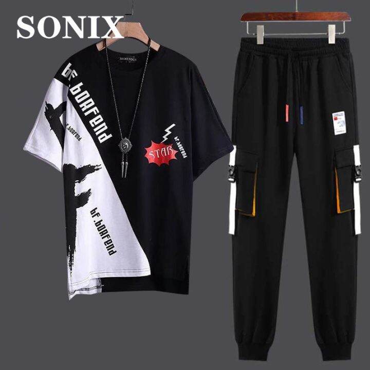 hnf531-sonix-เสื้อสเวตเตอร์มีฮู้ดผู้ชายเสื้อสเวตเตอร์แขนสั้นสไตล์ญี่ปุ่นเทรนด์ลำลอง2ชิ้นแฟชั่นวัยรุ่นสูทกีฬาเกาหลีสำหรับฤดูร้อน