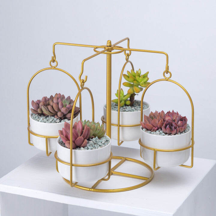 creative-carousel-hanging-pot-flower-stand-round-ceramic-succulent-flower-pot-combination-iron-frame-set