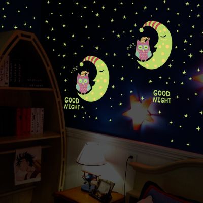 [24 Home Accessories] Cartoon Moon Wall Decal Decor Starry Wall Stickers Luminous Good Night Owl Fluorescent Children 39; S Room Decoration Mural PVC