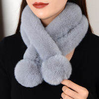 ผู้หญิงเกาหลี Faux Rabbit Fur Collar Double Tube Cross Plush ผ้าพันคอหญิงฤดูหนาว Thicken กลางแจ้งคอป้องกันผ้าคลุมไหล่ V68