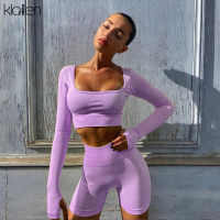 KLALIEN Women Sexy High Street Top and Shorts Two Piece Set Casual Solid Soft Cotton Stretch Fitness Running Tracksuit Autumn