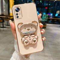 เคสสำหรับ Xiaomi 12T 12T Pro กล่องโลหะชุบหรูหราโทรศัพท์ขาตั้งหมุนได้กระจกแต่งหน้าลายหมีทรายเหลวน่ารักสาวสวยซิลิโคนนิ่มฝาครอบด้านหลังป้องกันการกระแทก