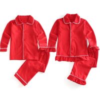 Christmas Pajamas Kids Boys And Girls Ruffle Soft Cotton Red Pyjamas Xmas Button Up Sleep Suit Frill Long Sleeve Sleepwear