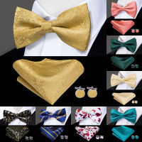 Hi-Tie 60 สีคลาสสิกผูกโบว์สำหรับผู้ชายผ้าไหมผีเสื้อ Pre-ผูกชาย Bowtie Pocket Square Cufflinks ชุด Jacquard Paisley Floral-BIANO