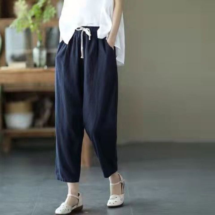 Womens Classic Loose Cotton Linen Casual Trousers