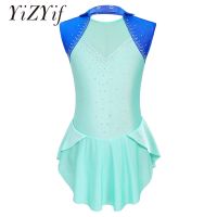 ❆♟ Rhinestone Ballet Gymnastics Leotard Kids Girls Hollow Back Figure Ice Skating Dress Sleeveless Skater Dance Competition Costume