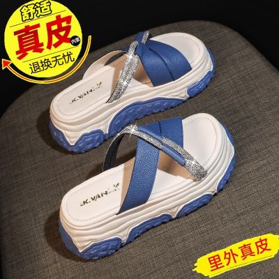 【Hot Sale】 Leather thick bottom 6.5cm outer slippers women 2023 summer new womens all-match soft shoes