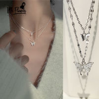 We Flower Double Layer Silver Tassel Chain Crystal Butterfly Necklace for Women Girls