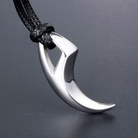 Punk Stainless Steel Wolf Tooth Leather Rope Pendant Necklace For Men Women Crescent Tooth Spike Necklaces Hip Hop Jewelry Gifts