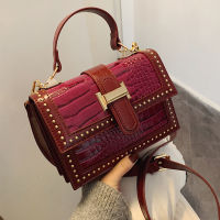 Green Crocodile Pattern Fashion Women Tote Bag Hit Color Design Leather Rivet Tote Purse Bags